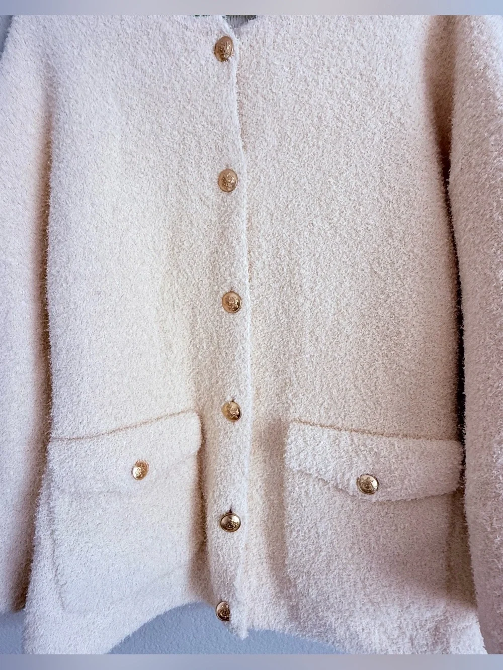 J. Crew 2025 Cream Gold Button Cinched Waist Sweater Jacket Knit Cardigan Sz L